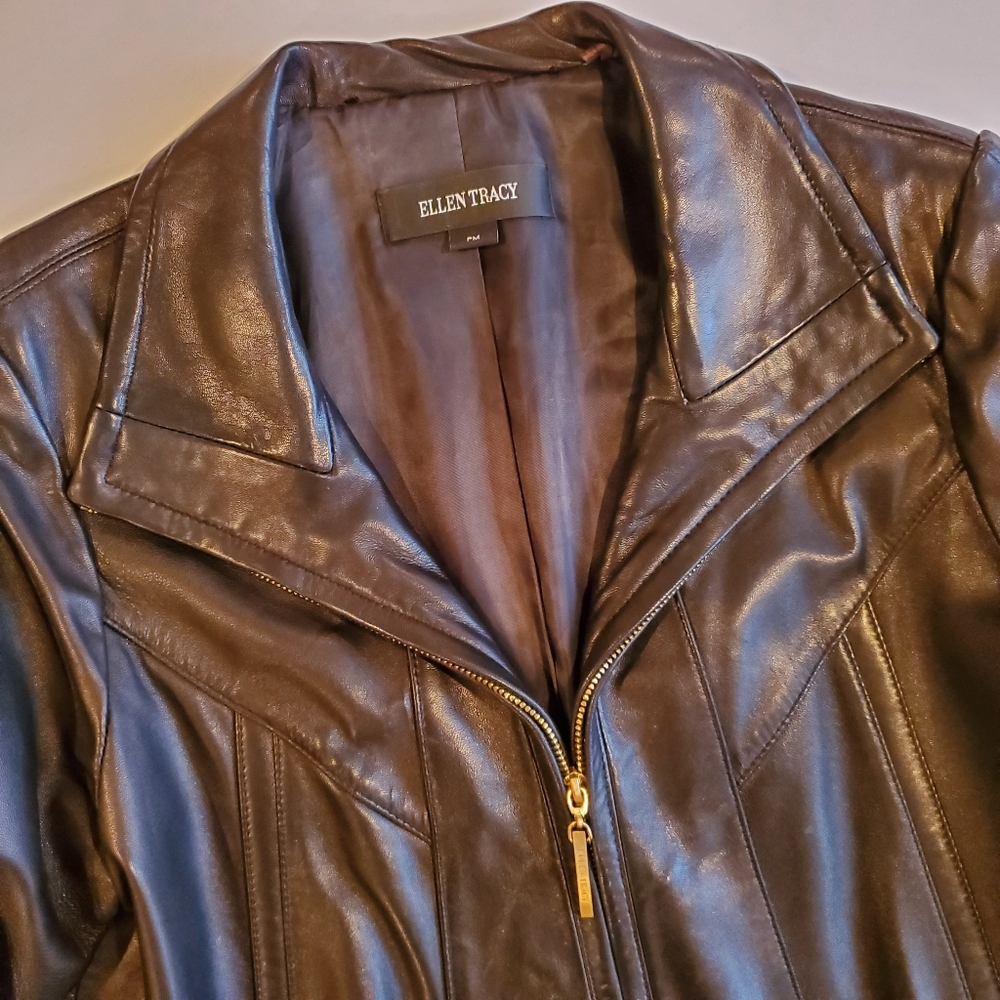 Ellen Tracy Women's Black Leather Jacket Size Medium Petite - Picture 9 of 16